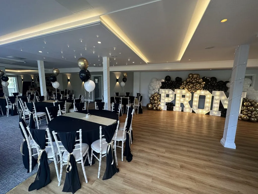 prom sign and ambient lighting at a prom venue in buckinghamshire