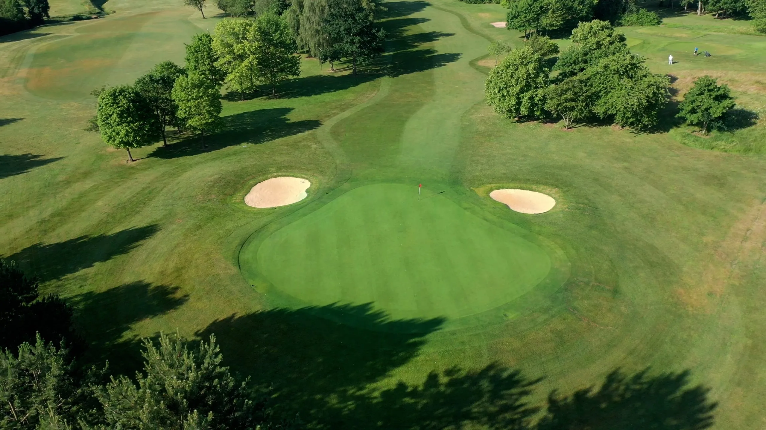 Aerial view of a well-kept golf green at a Milton Keynes golf course, surrounded by trees and fairways
